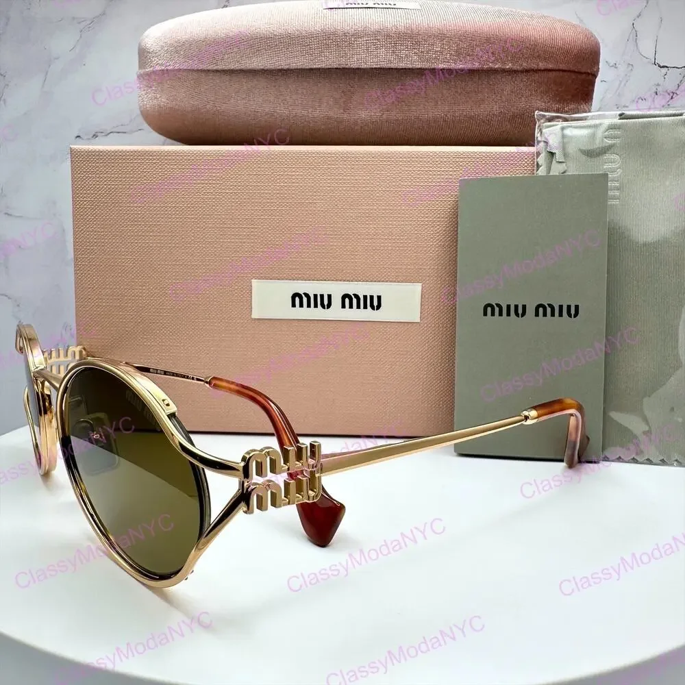 New MIU MIU Sunglasses Gold Oval Skinny Metal Frame Italy 100% Authentic